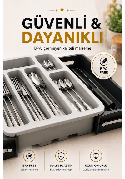 Sürgülü Ayarlanabilir Kaşıklık Organizer Çekmece İçi Düzenleyici S-10555 Gri