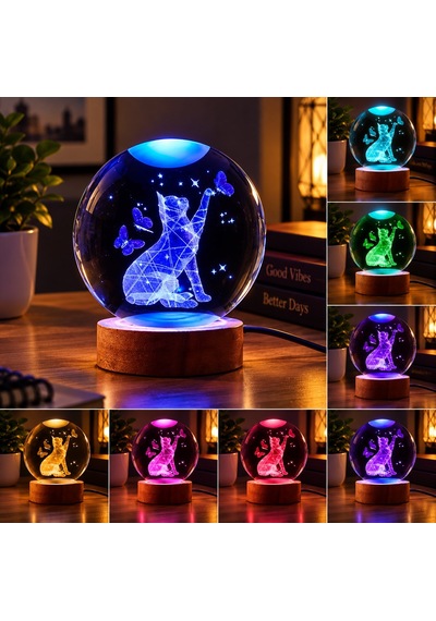 Kişiye Özel Işıklı Ahşap Kaideli Sevimli Kedi Figürlü Temalı Cam Küre 8cm