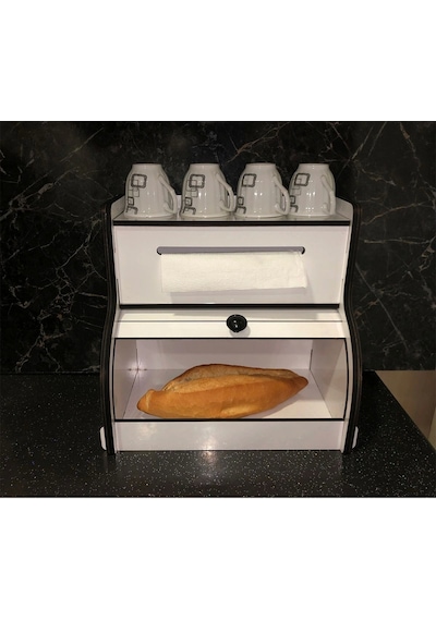 Ekmeklik New Bread Box,Havlu Peçetelik Saklama Gözlü, Baharatlık Rafı, Dekoratif Demonte Peçetelik Beyaz