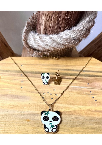 Şaşkın Panda Mineli Altın Renk Çelik Çocuk Küpe Kolye Set