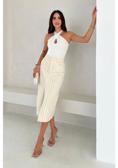 Asprin Fashion Paralel Taşlı Yırtmaçlı Denim Etek Beyaz Beyaz