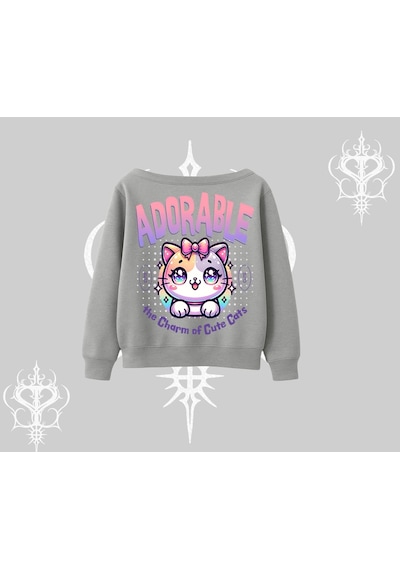 Startmore Adorable Kawaii Kedi Arka Baskılı Kayık Yaka Sweatshirt Gri