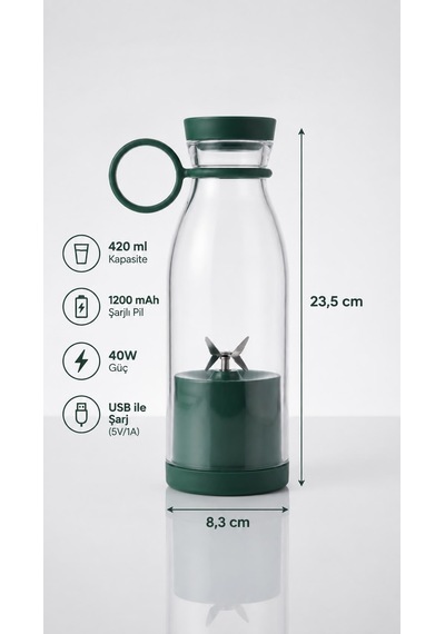 Taşınabilir Şarjlı Blender 420 Ml 40w Usb Şarjlı Smoothie Ve Meyve Suyu Blenderi Yeşil