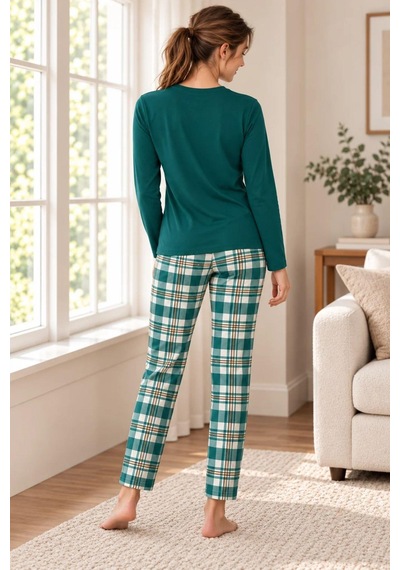 Gd Goldoremi Kadın Ekose Desenli Likralı Termal Kumaş Uzun Kollu Yeşil Pijama Takımı