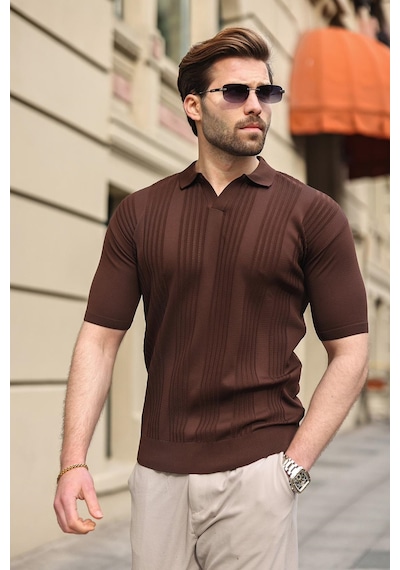 Madmext Kahverengi Polo Yaka Triko Erkek Tişört E7469 Kahverengi