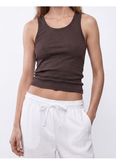Koton Pamuklu Kaşkorse Slim Fit U Yaka Fitilli Atlet Kahverengi 6sak10387ek Kahve