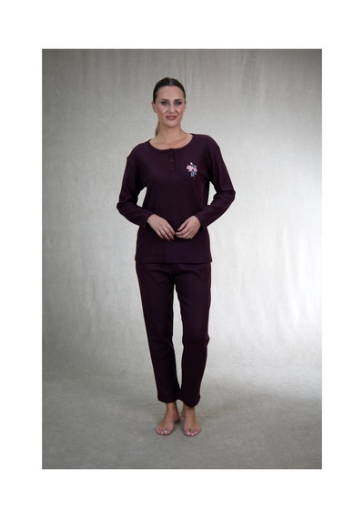 Estiva Kadın Nakış İşlemeli Patlı İnterlok Şardonlu Pijama Takımı Bordo