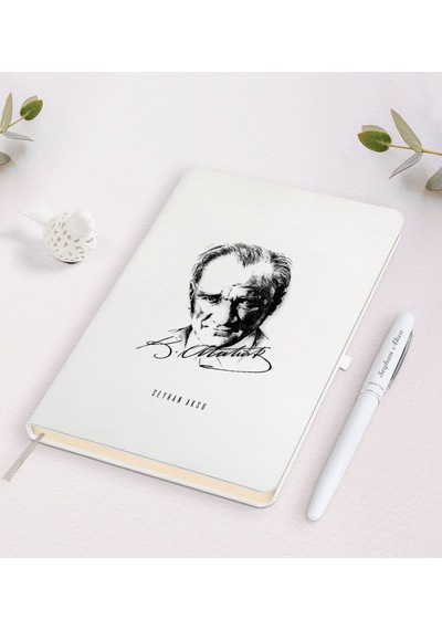 Kişiye Özel Atatürk Temalı Beyaz Defter ve Kalem Seti-18 Beyaz