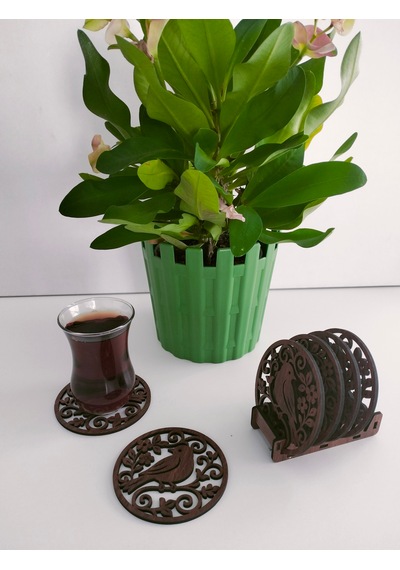 6 Adet Ahşap Lazer Kesim Fincan - Bardak Altlığı Seti 8 Cm Kaideli Kuş Desenli Ceviz