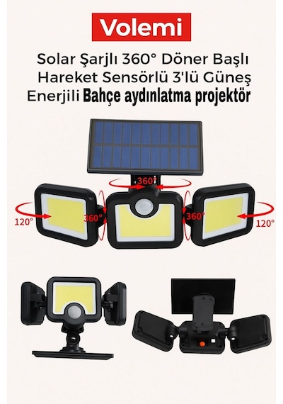 Volemi Üçlü Solar Led Projektör Beyaz Işık Sensörlü Dış Mekân Aydınlatma