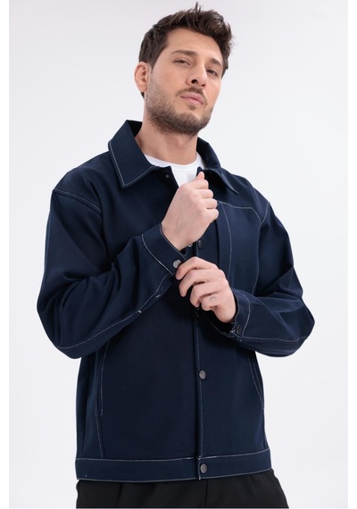 Erkek Dikiş Detaylı Oversize Gabardin Ceket - Mont-392 Lacivert