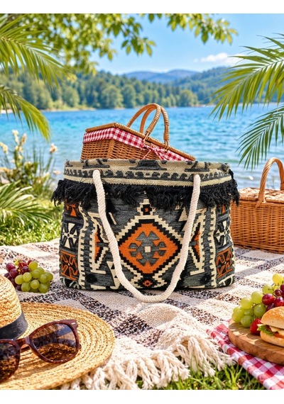 Etnik Desenli Kilim Omuz Ve Plaj Çantası 50x30 Cm Açık Gri