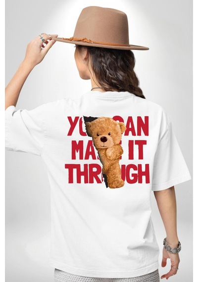 Bunu Alabilirsin Çantadan Çıkan Ayı Beyaz Oversize Unisex Ön Ve Sırt Baskılı Tişört Beyaz