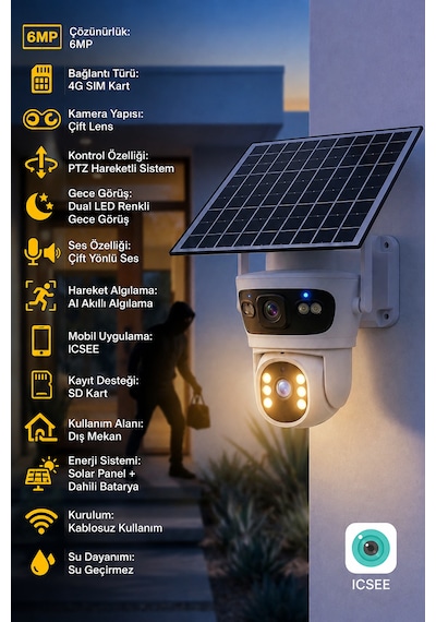 SIM-5700 6MP 4G SIM Kartlı Solar Güvenlik Kamerası Çift Lens PTZ Renkli Gece Görüşlü Dış Mekan (ICSEE)