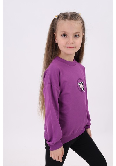 Toontoy Kız Çocuk Relax Fit Bisiklet Yaka Düşük Omuz Nakış Baskılı Sweatshirt - 2 İplik Mor