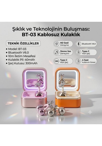 Taşlı Işıklı Aynalı Küpe Tasarımlı Bluetooth Kulaklık V6.0 Stereo Hd Pembe Rose