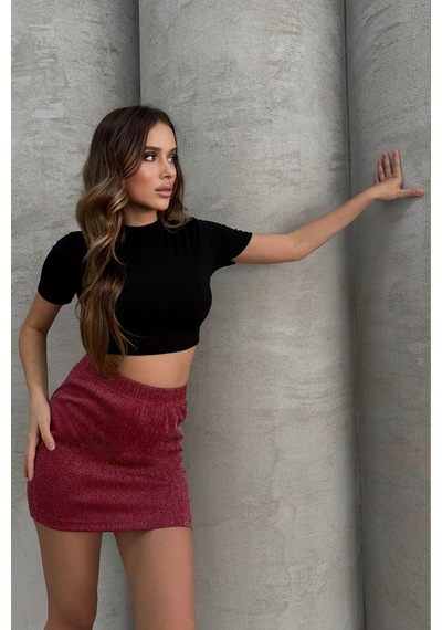 Lesa Wear Yüksel Bel Simli Mini Kalem Etek Bordo