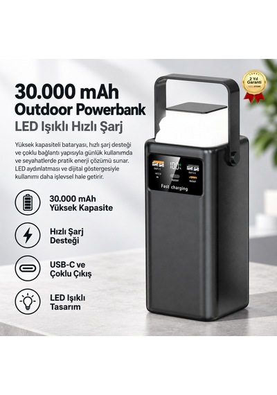 Powerbank Yüksek Kapasiteli 30.000 Mah Usb-c Led Işıklı Outdoor Taşınabilir Şarj Cihazı-1750 Siyah