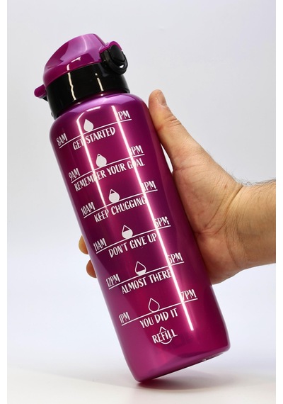 Su Matarası Tritan Geniş Ağız Su Şişesi Motivasyon Spor Matarası Suluğu Bpasız 1000 Ml Mor T0103