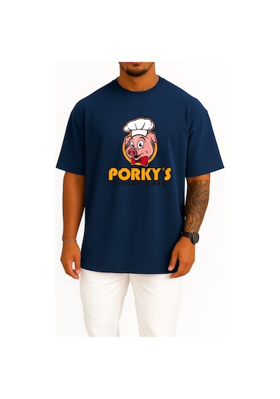 Bahriyeli Collection Oversize Porky's Lechon Barbecue Domuz Göğüs Tasarımlı Unisex T-shirt Lacivert