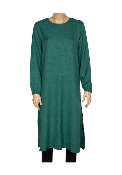 Hermevsim Missbah Kadın Efnan Keten Basic 115cm Yanı Yırtmaçlı Uzun Yeşil Tunik
