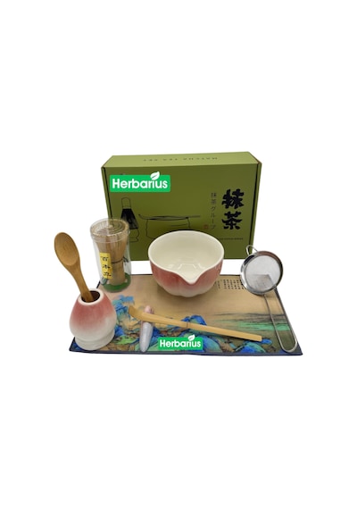 Herbarius 8 Parça Beyaz Geçişli Pudra Pembe Renk Matcha Çayı Hazırlama Seti - Geleneksel Japon Matcha Seti Pembe - Beyaz