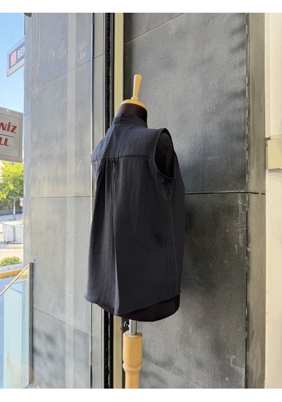 Pera Moda Sıfır Kol Fularlı Modal Yazlık Kadın Gömleği Siyah