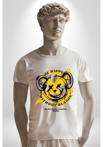 Sebep Olmadan Mutlu Ol Unisex Unisex Beyaz Organik Baskılı T-shirt Penye Yüksek Kalite Beyaz