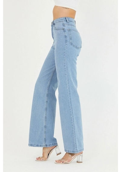Palazzo Pantolon Buz Mavi Yüksek Bel Geniş Paça Bol Kesim Premium Jeans Buz Mavi