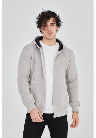 Erkek 3 İplik Pamuklu Fermuarlı Kapüşonlu Kanguru Cepli Hoodie Hırka Sweatshirt - Boyalı Gri
