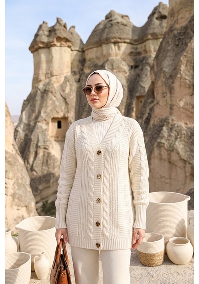 Sayzen Your Shine Trend Saç Örgülü Düğmeli Tunik Hırka Ekru