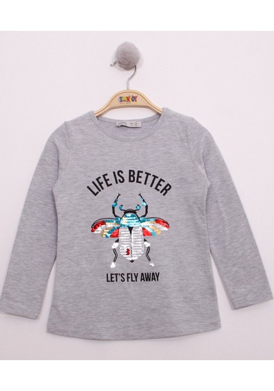 Toontoy Kids Toontoy Kız Çocuk Pullu Uğur Böceği Nakışlı T-shirt Gri Melanj