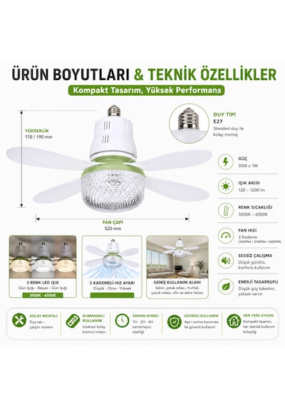 Tavan Fanı + Led Aydınlatma E27 Duy 3 Kademeli Kumandalı Sessiz Mini Tavan Vantilatörü 520mm