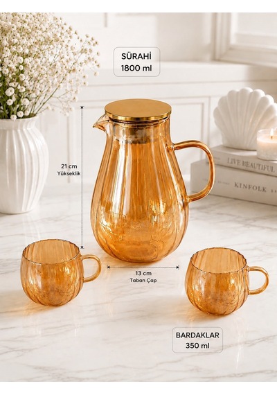 Qerhome Isıya Dayanıklı Amber Borosilikat Cam Sürahi Seti-1800 Ml Sürahi 2 Adet Kulplu Bardak Takımı Dr