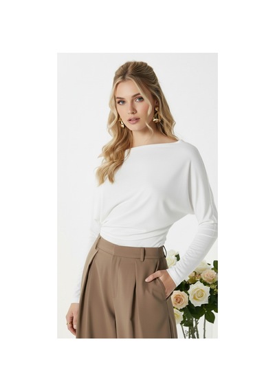 Fiolin Kadın Elegant Asimetrik Omuz Detaylı Bluz Beyaz