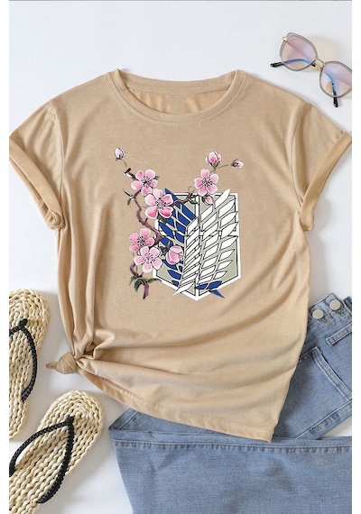 Unisex Flowers Baskılı T-shirt Bej