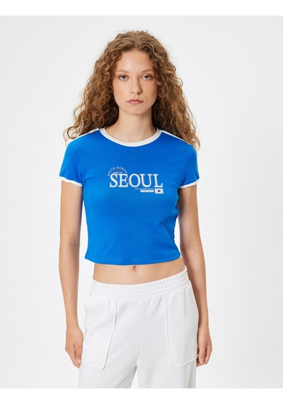 Koton Slogan Baskılı Tişört Bisiklet Yaka Biyeli Kısa Kollu Slim Fit Mavi 4sal11229ık Mavi