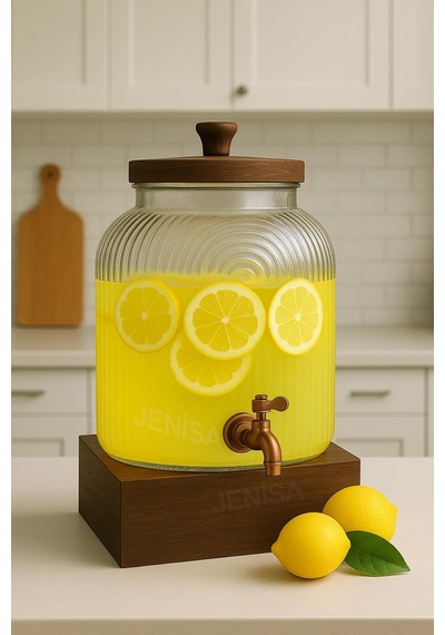 6 Litre Ahşap Standlı Musluklu Cam Şerbetlik Sebil Limonatalık İçecek Dispenseri Şeffaf
