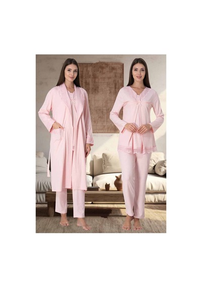 Effortt Dvina Lohusa Hamile Sabahlıklı Ve Dantelli Yakalı Pijama Takımı - 3'lü Set - Pembe Pembe