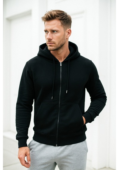 Rich Erkek Siyah Kapüşonlu Kanguru Cepli Fermuarlı Sweatshirt Siyah