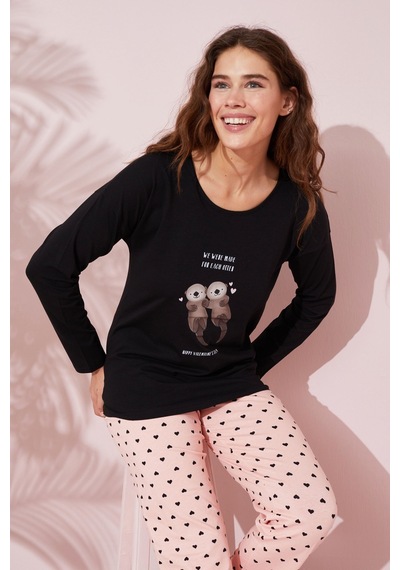 Siyah İnci Pamuklu Örme Pijama Takım 24240153 Siyah
