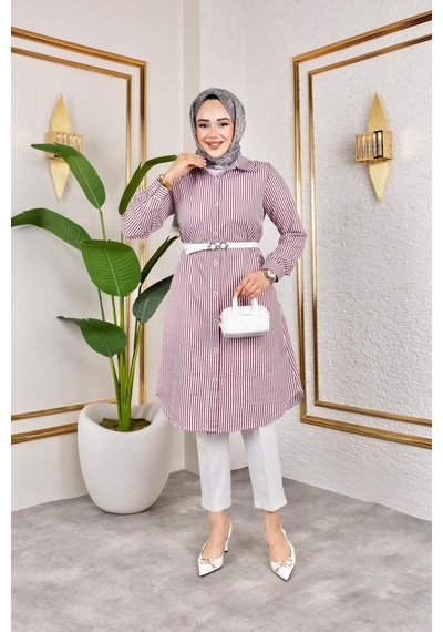 Harman Butik Kemerli Çizgili Keten Gömlek Mor Mor