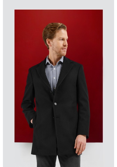 İmza Siyah Mono Yaka Esnek Slim Fit Classic Kaşe Palto 1005255101 Siyah