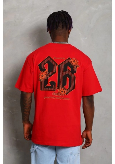 Erkek Baskılı Tişört Kısa Kol Bisiklet Yaka Oversize T-shirt - Kırmızı Kırmızı