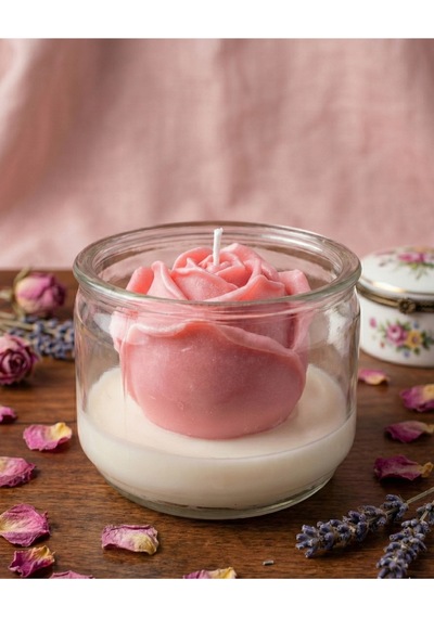 1 Adet Gül Şekilli Kavanoz Soya Mum Pembe