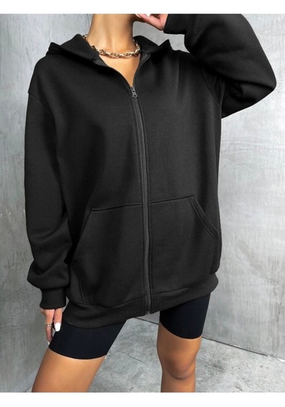 Basic Düz Hırka - Gri Kışlık Oversize Kapüşonlu Fermuarlı Cep Detaylı Hırka Siyah