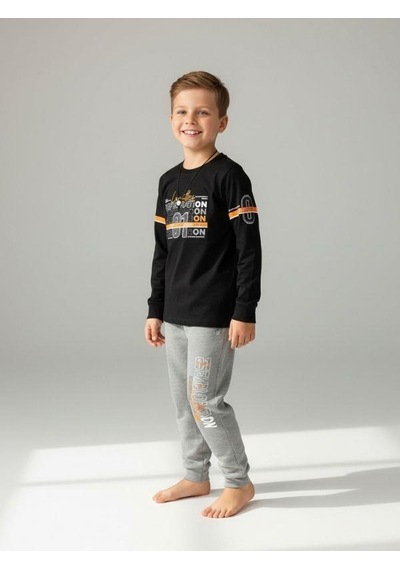 Zekids Erkek Çocuk Pamuklu Yazı Baskılı Pijama Takımı-16817 Siyah