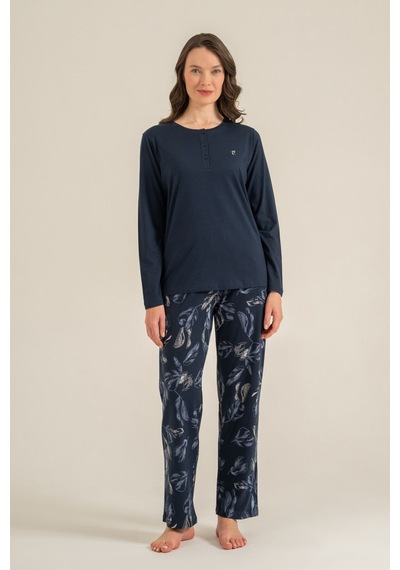 Pierre Cardin Kadın Leaves Lacivert Uzun Kol Pijama Takım Pc9258-s-v1 Pc9258-s-v1