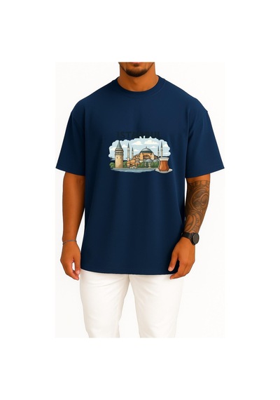 Bahriyeli Collection Oversize İstanbul - Ayasofya Camii Ve Çay Göğüs Tasarımlı Unisex T-shirt Lacivert