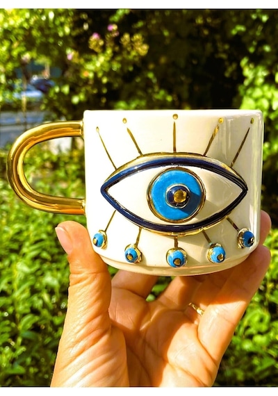 Lexroo Premium Kalite 24 Ayar Altın Detaylı Nazar Mug El Yapımı 250 Ml Evil Eye Handmade